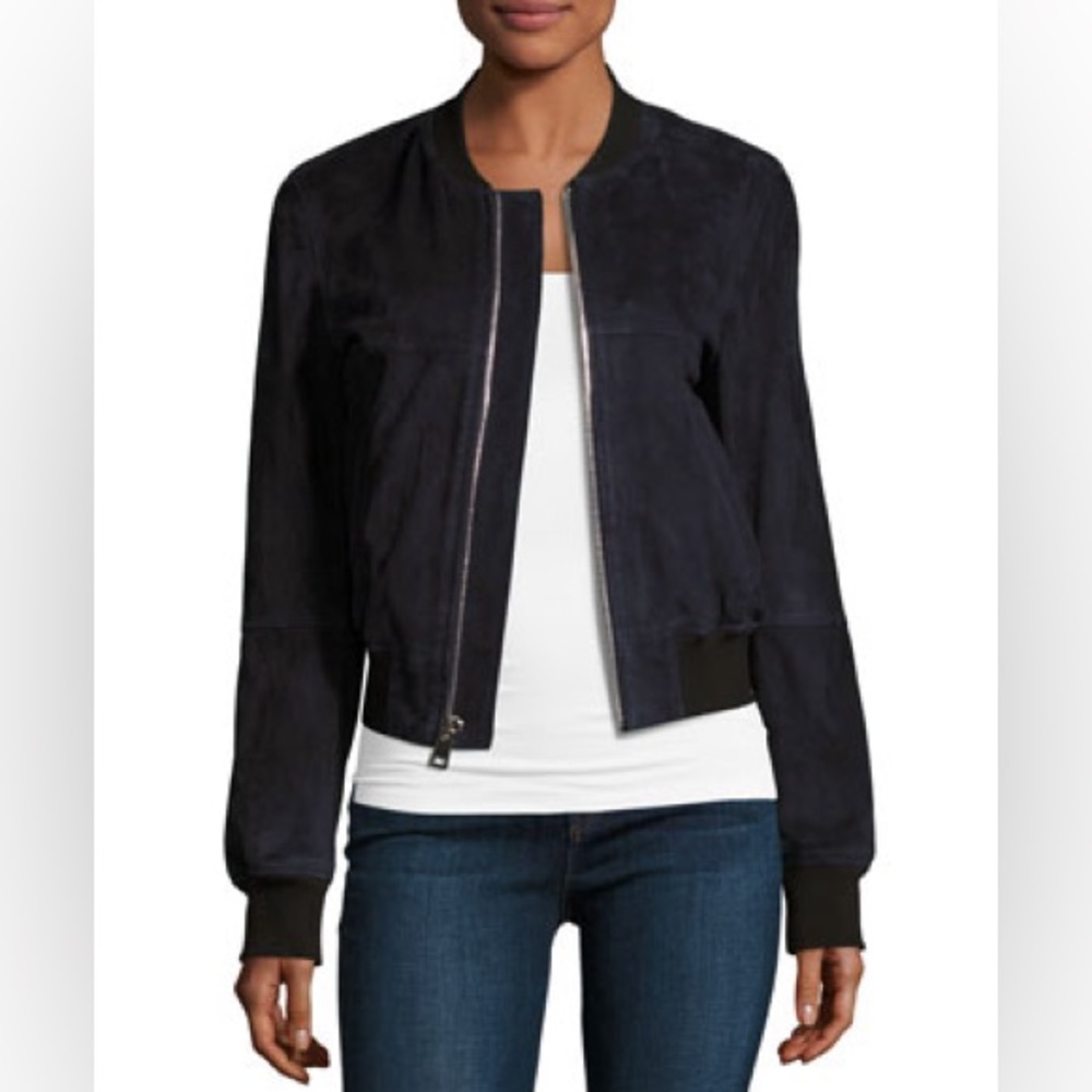 Theory Daryette S Benna Suede Lamb Leather Bomber Jacket Navy Blue Size SP - Picture 1 of 15